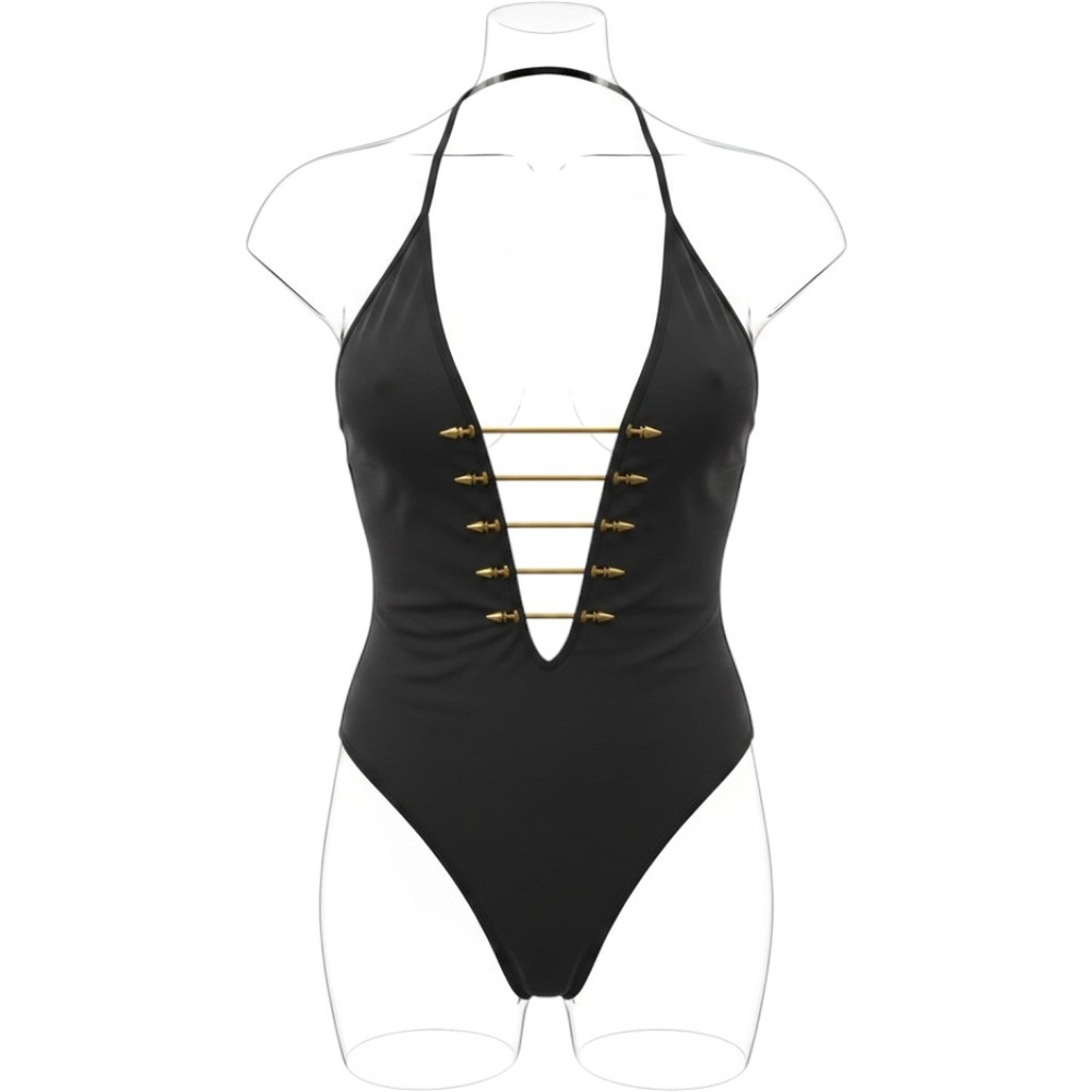 Planet Blue Spear One Piece Swimsuit Black Gold Hardware XS NWT